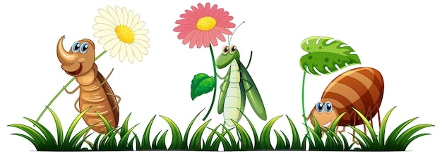 Free vector cute insects with flowers