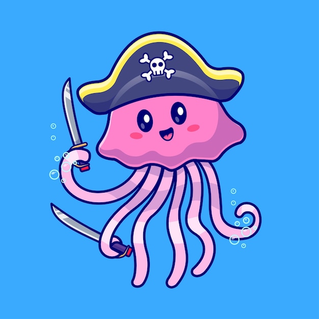 Free vector cute jellyfish pirate holding sword cartoon vector icon illustration. animal holiday isolated