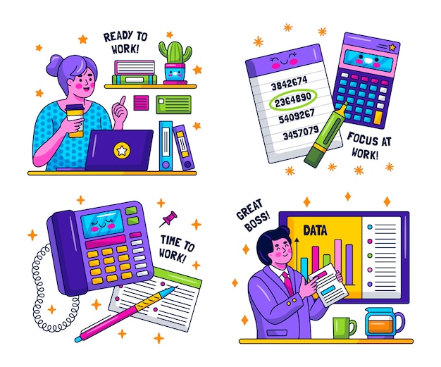 Free Vector cute kawaii office sticker pack