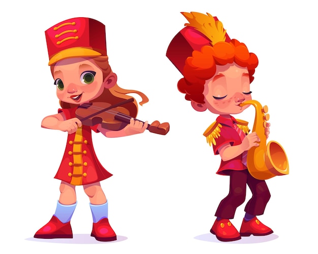 Free vector cute kid in march uniform with musical instrument