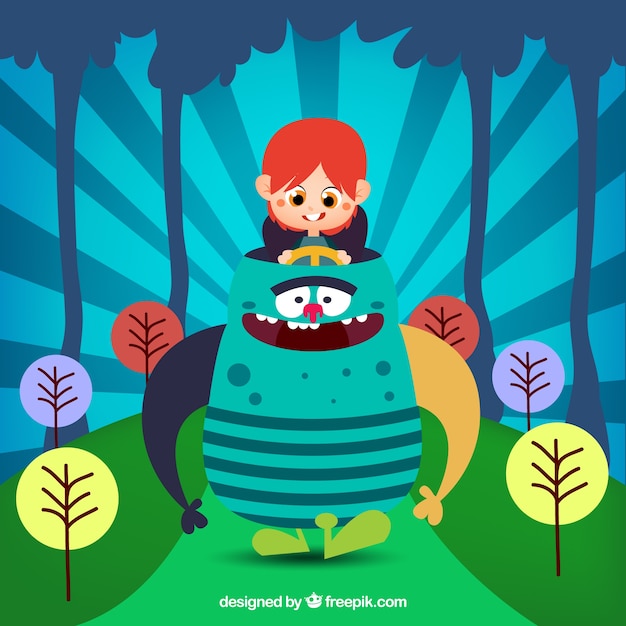 Free Vector cute kid and monster