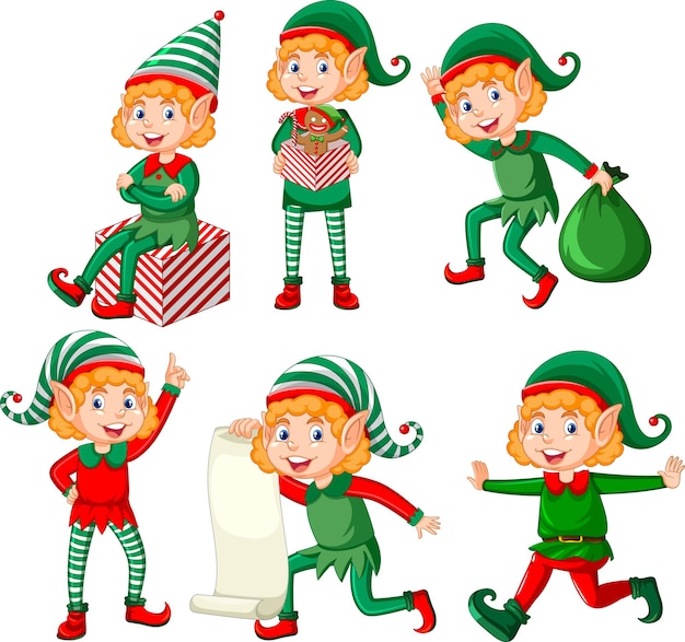 Free vector cute kid wearing elf costume cartoon set