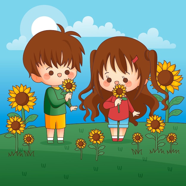 Cute kids smelling sunflower outdoors