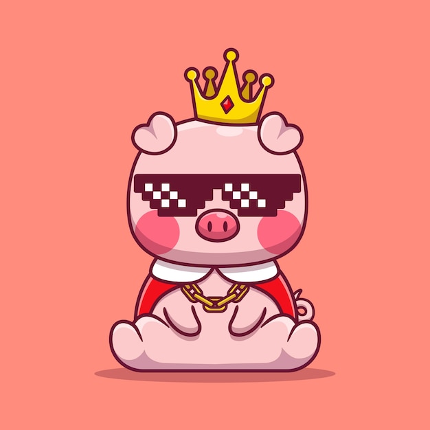 Cute King Pig Wearing Glasses Cartoon   Illustration. Animal  Concept Isolated . Flat Cartoon 