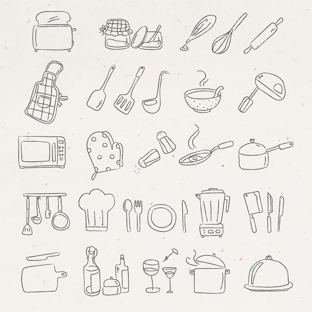 Free Vector cute kitchen utensils doodle sticker set