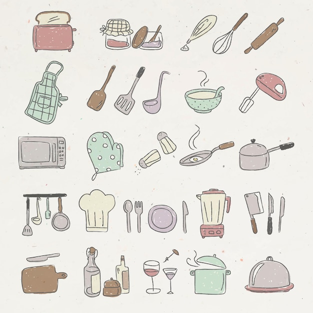 Free Vector cute kitchen utensils doodle sticker set