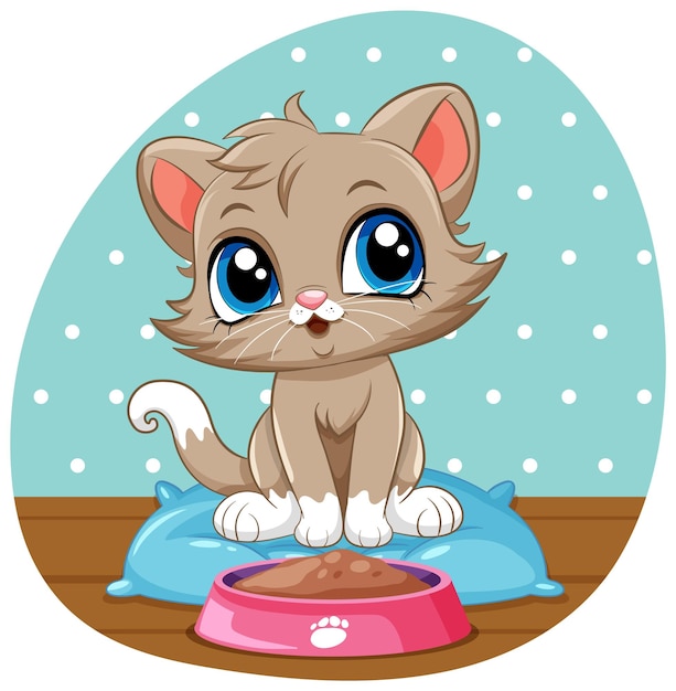 Free Vector cute kitten with food bowl