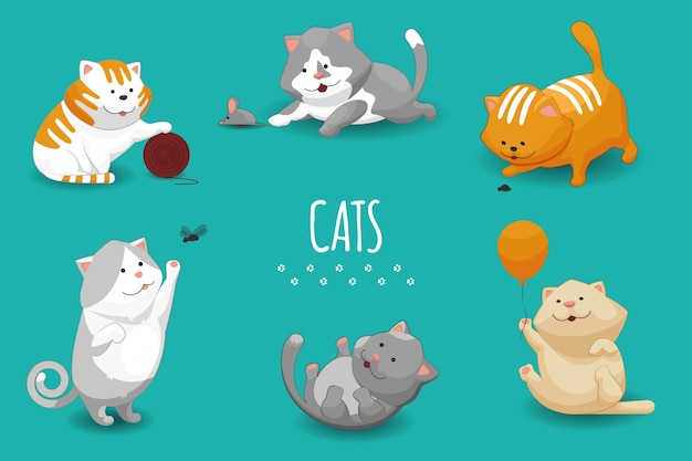 cute kittens illustration. Set of cat and domestic cats playing