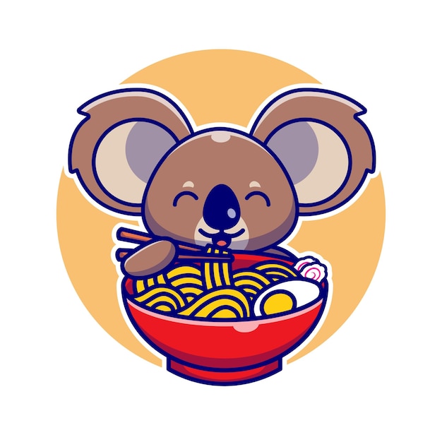 Cute Koala Eating Ramen Noodle With Chopstick Cartoon Illustration