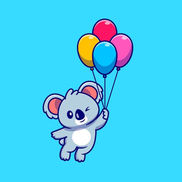 Cute Koala Floating With Balloon Cartoon   Icon Illustration. Animal Nature Icon Concept Isolated  . Flat Cartoon Style