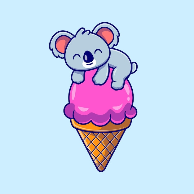 Cute Koala On Ice Cream Cone Cartoon   Illustration. Animal Food  Concept Isolated  . Flat Cartoon Style