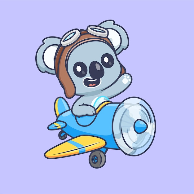 Free Vector cute koala pilot flight with plane cartoon vector icon illustration animal transportation isolated