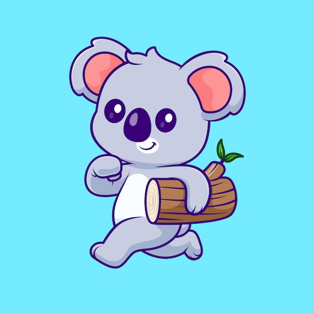 Cute Koala Running With Wood Tree Cartoon Vector Icon Illustration Animal Nature Icon Isolated Flat