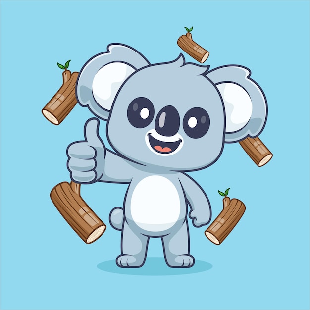 Cute Koala Thumbs Up With Branch Wood Tree Cartoon Vector IconIllustration Animal Nature Isolated