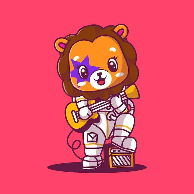 Cute lion astronaut playing guitar icon illustration