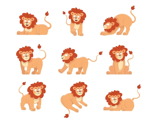 Cute lion cartoon character illustrations set