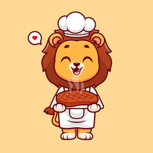 Free Vector cute lion chef cooking steak meat cartoon vector icon illustration animal food icon isolated flat