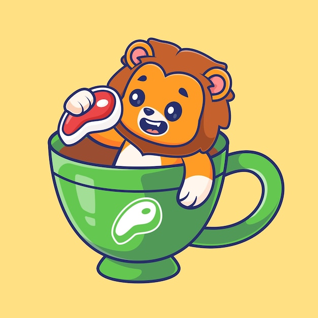 Free Vector cute lion holding steak meat in coffee cartoon vector icon illustration animal drink isolated flat