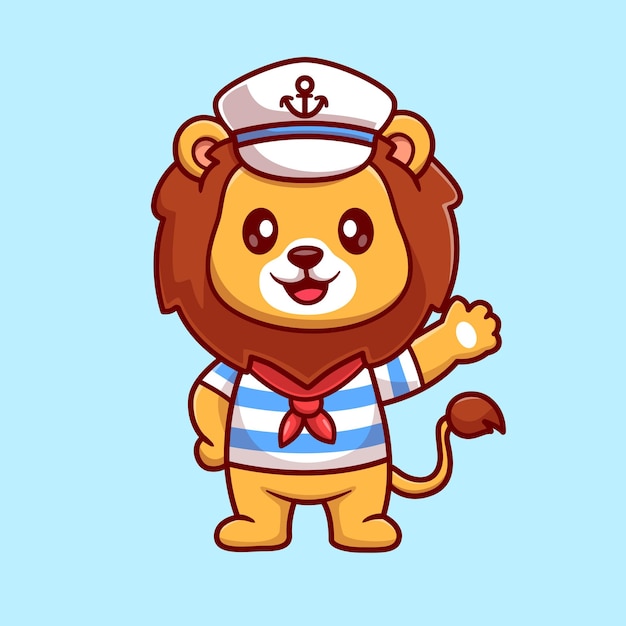 Free Vector cute lion sailor captain waving hand cartoon vector icon illustration. animal holiday icon isolated