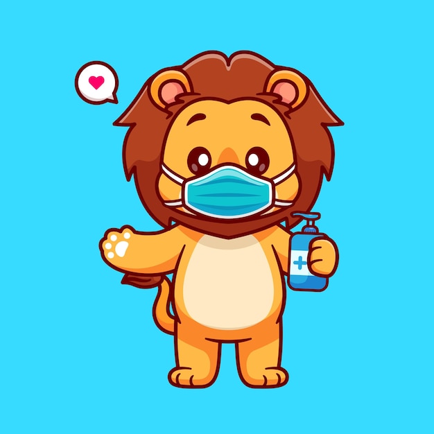 Free Vector cute lion wearing medical mask with hand sanitizer cartoon vector icon illustration. animal healthy