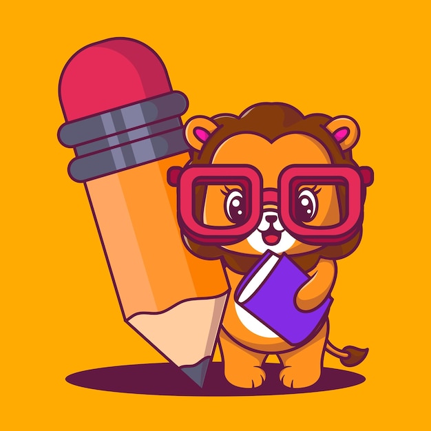 Free vector cute lion with pencil icon cartoon vector illustration