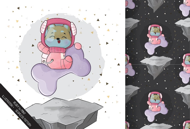 Free Vector cute little astronaut  corgi  on the space with the big bone