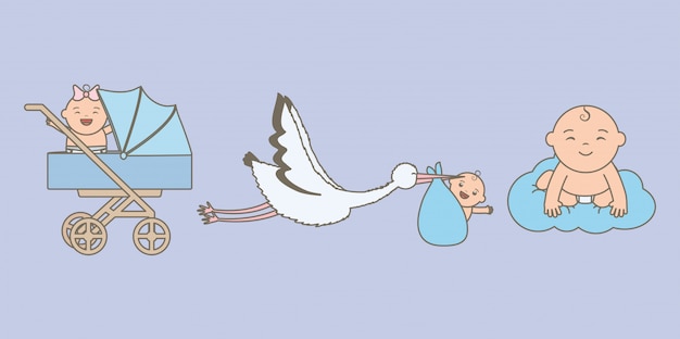 Free Vector cute little babies with stork and cart