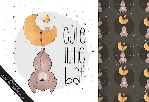 Cute little bat on the moon happy Halloween with seamless pattern