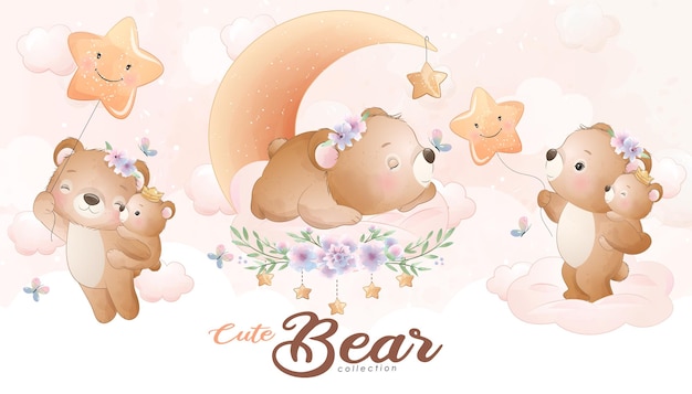 Cute little bear with watercolor illustration set