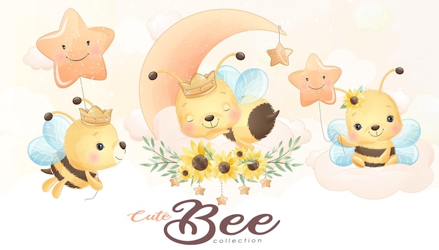 Cute little bee with watercolor illustration set