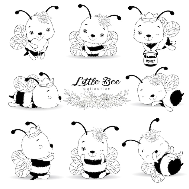 Cute little bees poses with outline collection