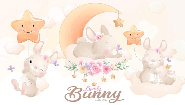 Cute little bunny with watercolor illustration set