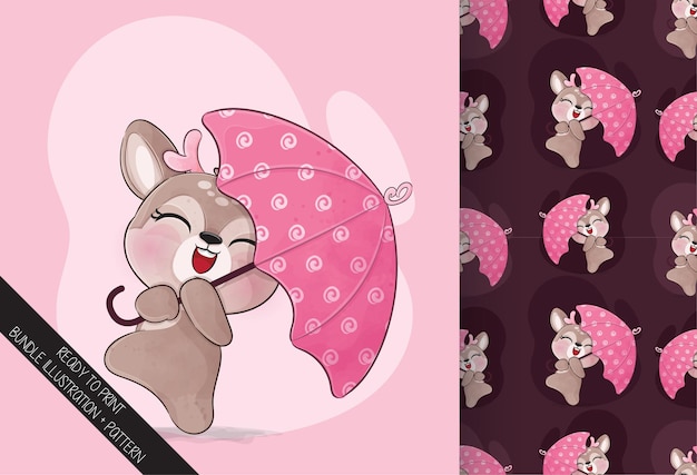 Cute little Deer happy  with red umbrella illustration Illustration and pattern set