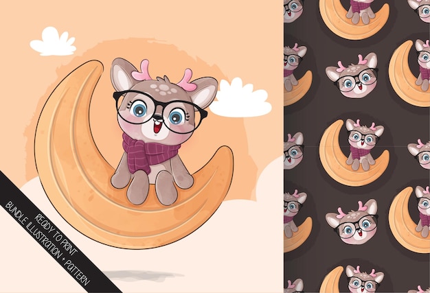 Free Vector cute little deer on the moon illustration illustration and pattern set