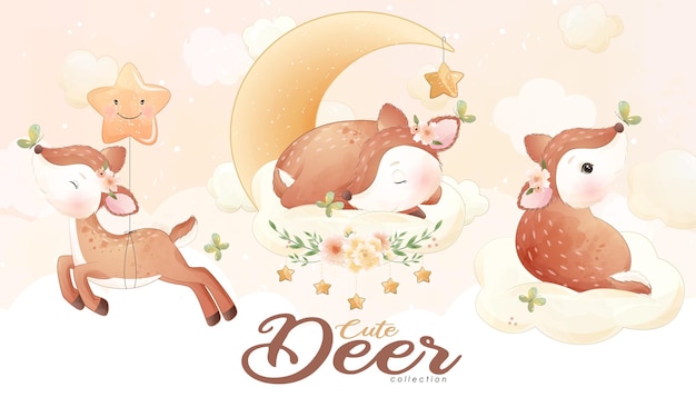 Cute little deer with watercolor illustration set