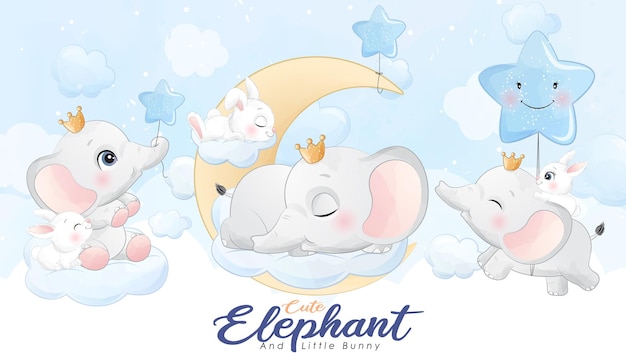 Cute little elephant and bunny with watercolor illustration set