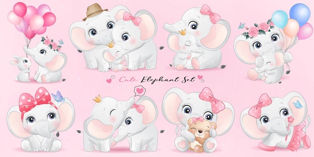 Free Vector cute little elephant life with watercolor illustration set