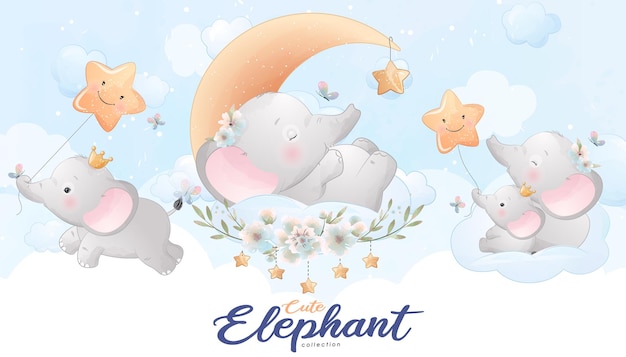 Cute little elephant with watercolor illustration set