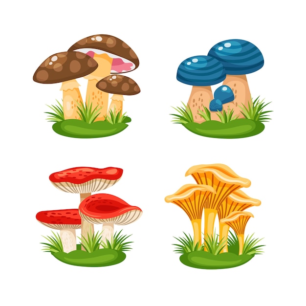 Free vector cute little families of mushrooms  in grass on white background vector illustration