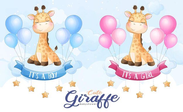 Cute little giraffe flying with balloon watercolor illustration