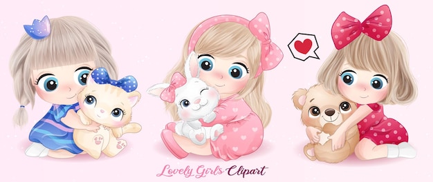 Cute little girl hugging animals with watercolor illustration