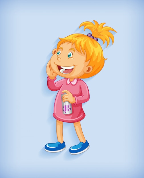 Free vector cute little girl smiling in standing position cartoon character isolated on blue background