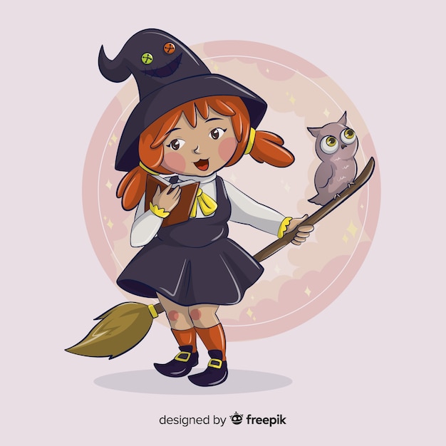 Cute little girl witch with an owl