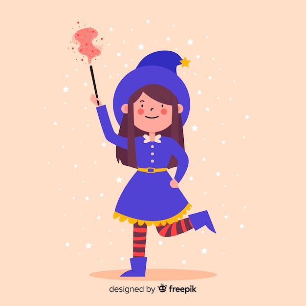 Free Vector cute little girl witch with a wand