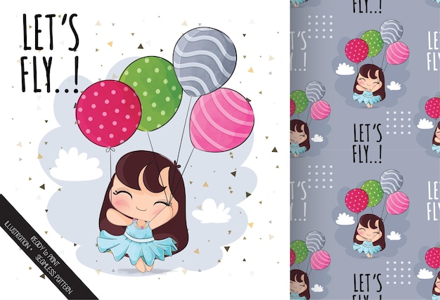 Free vector cute little girl with coloring balloon seamless pattern illustration of background