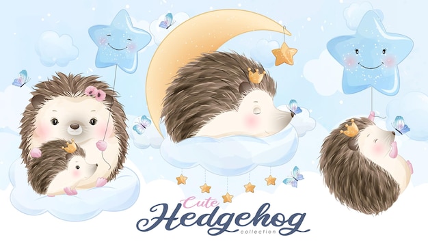 Free vector cute little hedgehog with watercolor illustration set