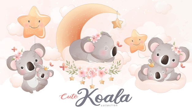 Cute little koala with watercolor illustration set