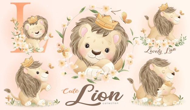 Free Vector cute little lion with watercolor illustration set