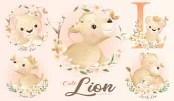 Free vector cute little lion with watercolor illustration set