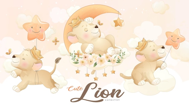 Cute little lion with watercolor illustration set